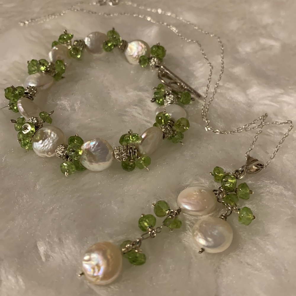 💝 925 Silver Italian Murano Glass Freshwater Pearl Necklace & Bracelet Set